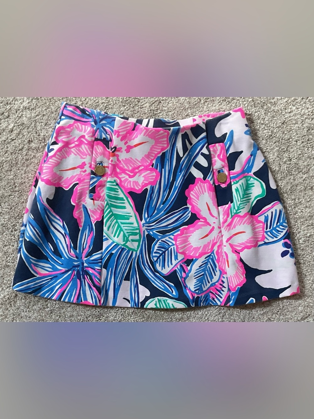 Lilly Pulitzer Navy Mini Skirt with Pink & Green Tropical Print